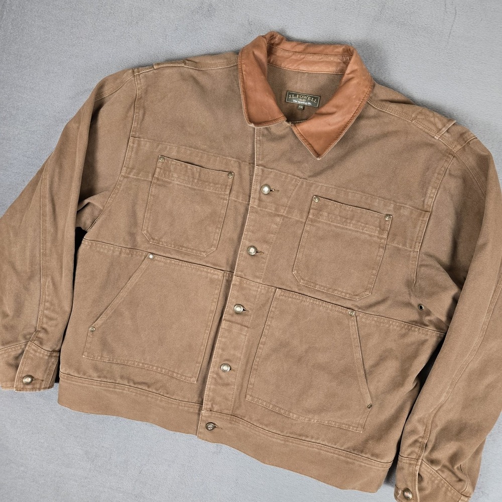 JL Powell Canvas Jacket Mens 2XL Button Leather Collar Trucker Work‎ Brown
